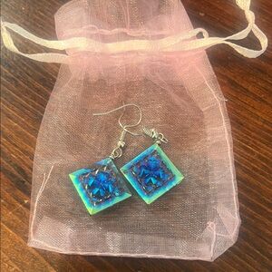 Blue Square Dangle Earrings